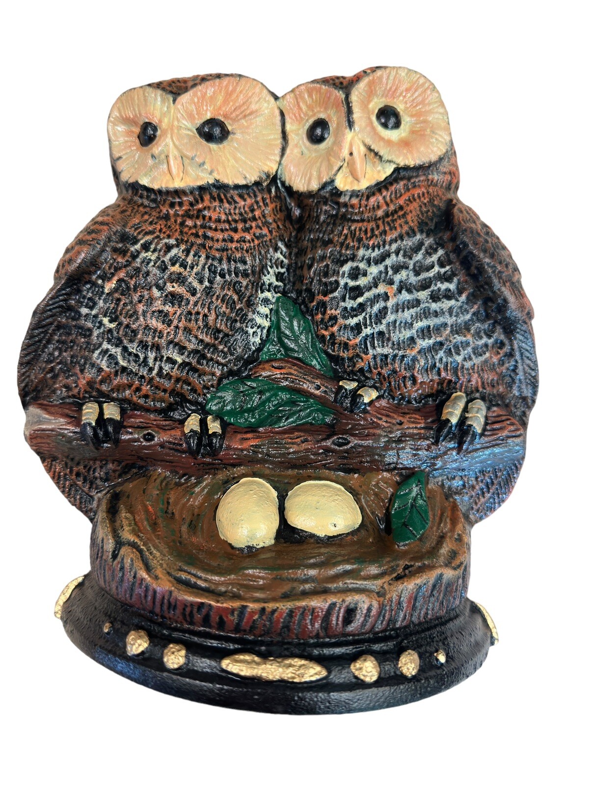 Vintage Upper Deck Solid Cast Iron Big Eyed Owls, Nesting Owls Doorstop