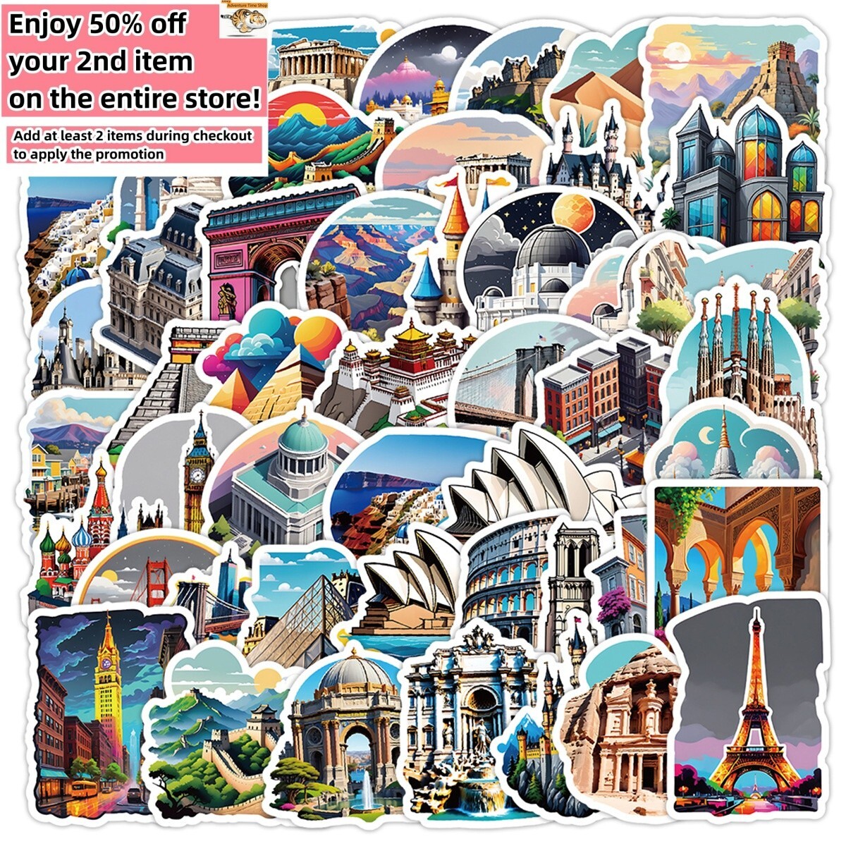 50 Pcs Stickers Iconic Landmarks Travel Trip Vacation Luggage Phone Car Fridge