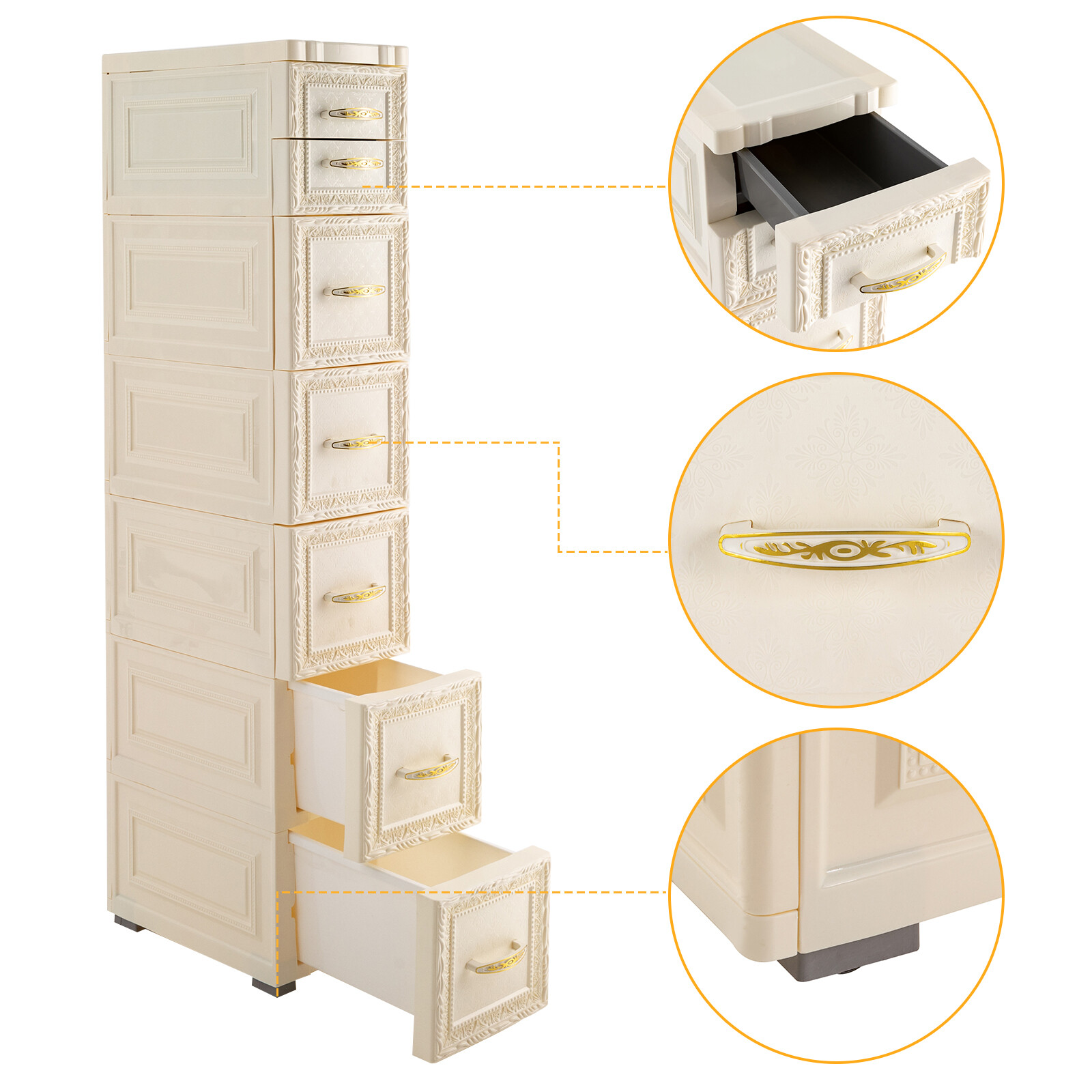 6Tier Bathroom Floor Cabinet, Vertical Storage Unit with Drawers and Casters