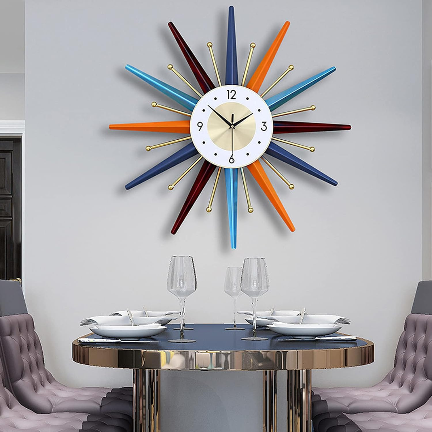 22″ Mid Century Modern Silent Wall Clock – Colorful Starburst Design Decor