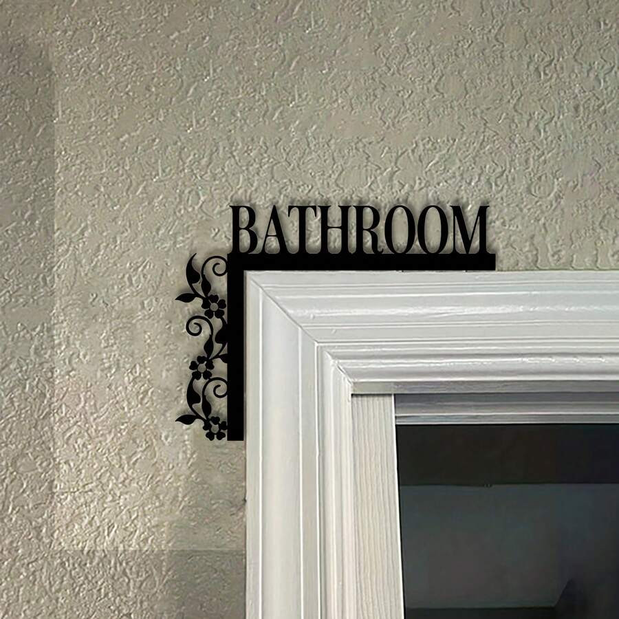 Bathroom Door Sign Wall-Mounted Iron Metal Art Decor Plaque with Floral Design