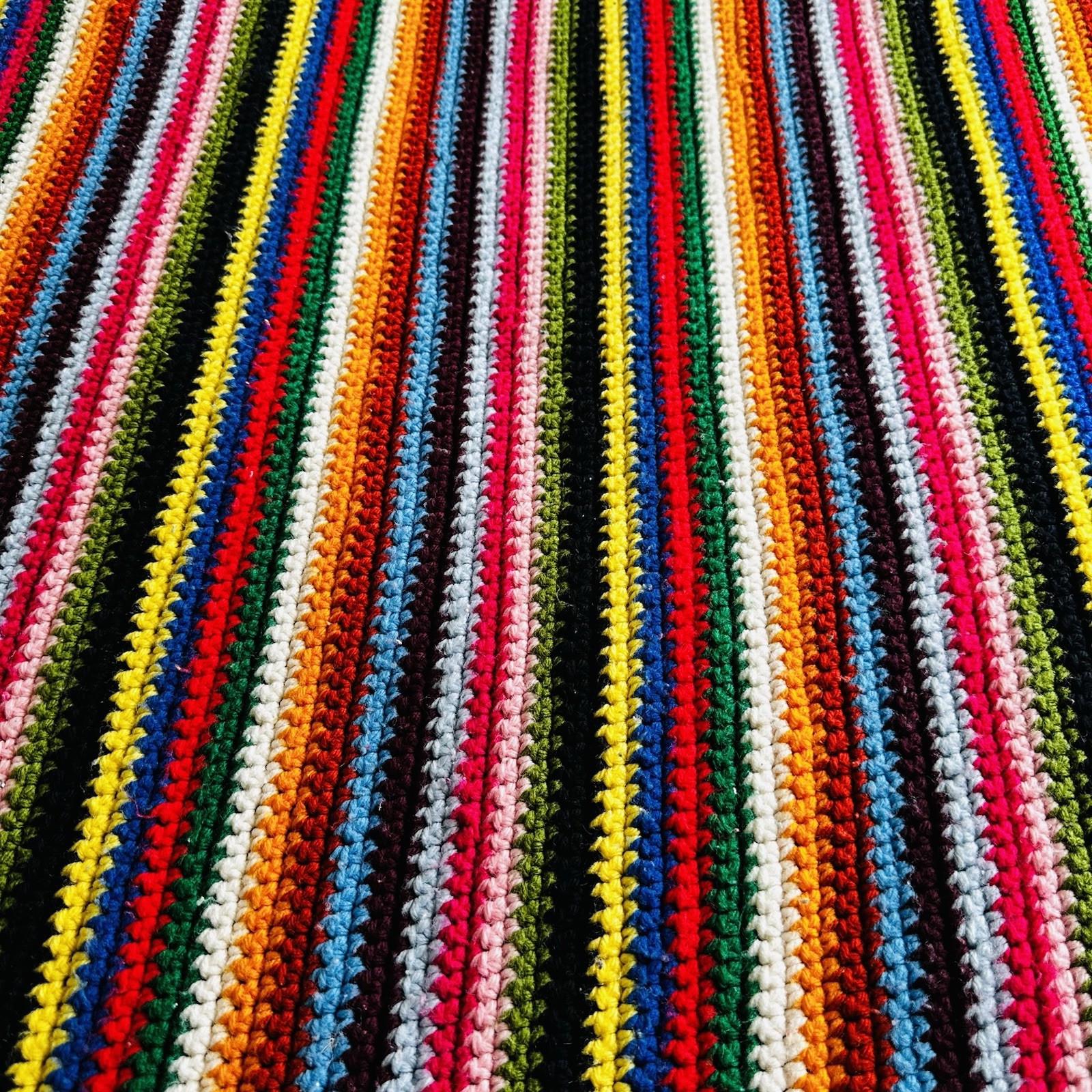 Handmade Crochet Afghan Throw Blanket Multicolor Rainbow Striped Blue Fringe