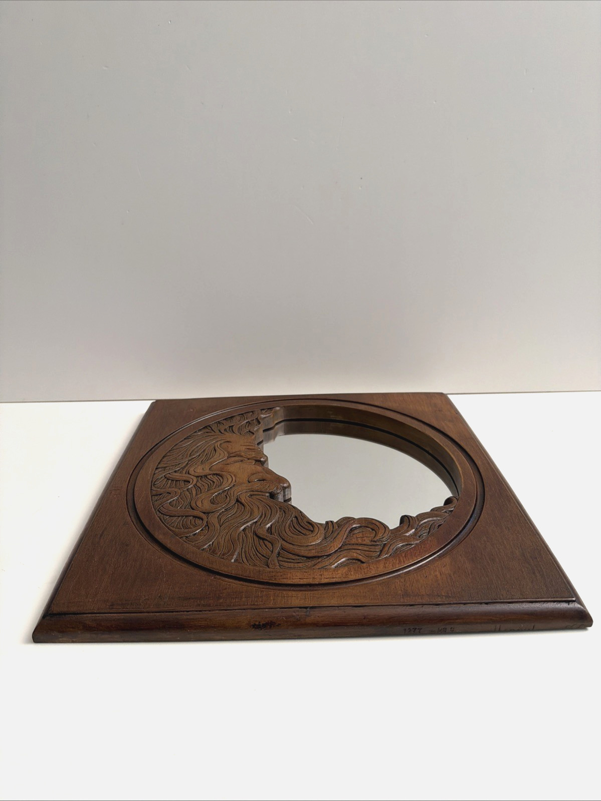 Vintage 1977 Hardin Signed 12″ Wood Carving Crescent Man in the Moon Wall Mirror