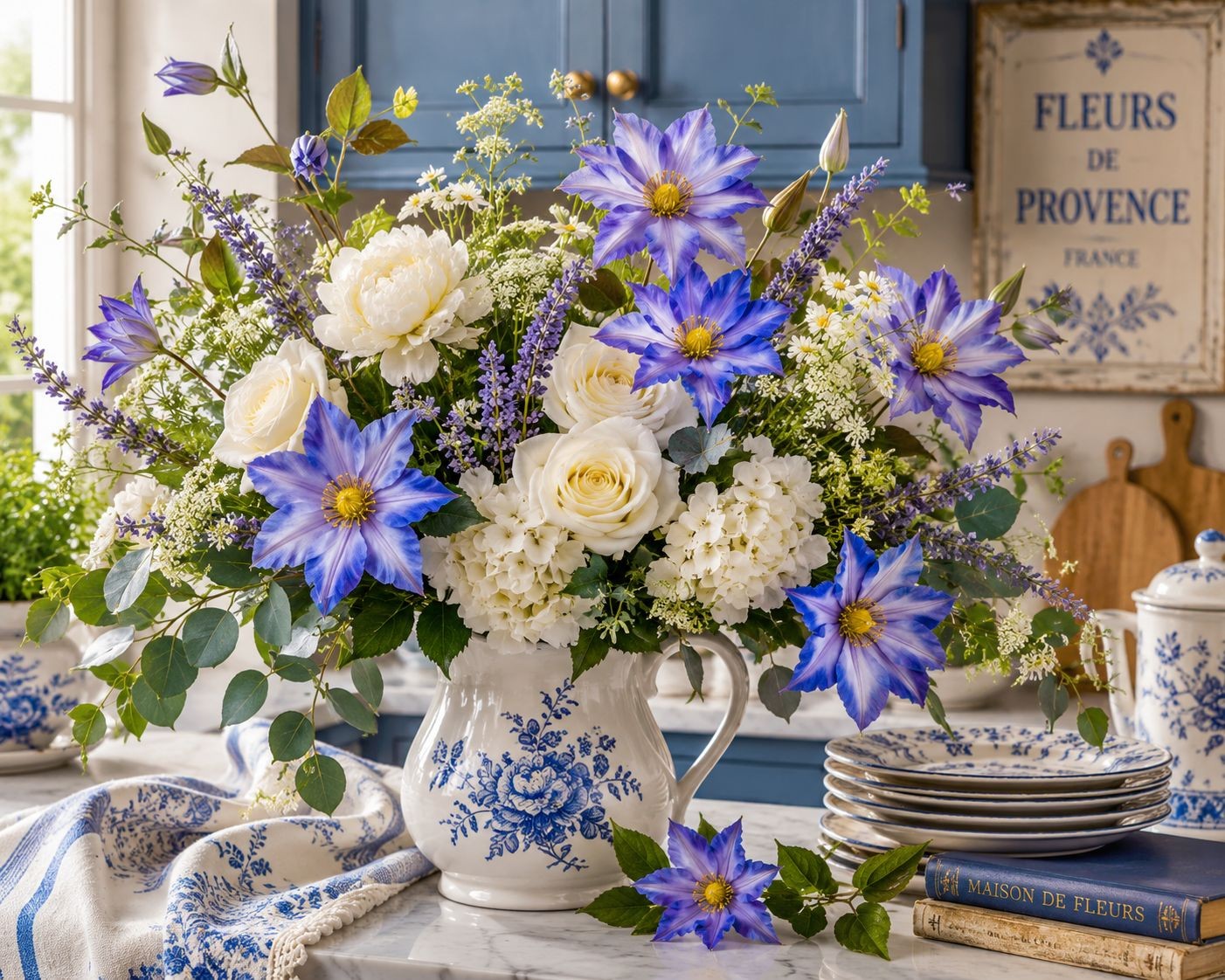 Blue Clematis Artificial Flowers 3 Stems Faux Clematis Spray Periwinkle Blue Wed