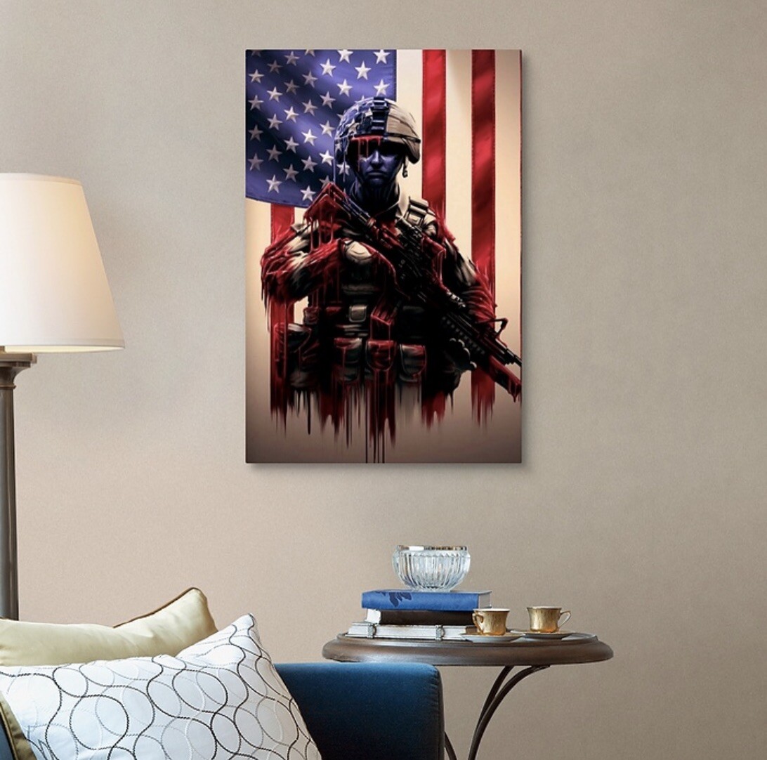 American Soldier Canvas 24×36 Patriot Flag Veteran USA America Ready To Hang!