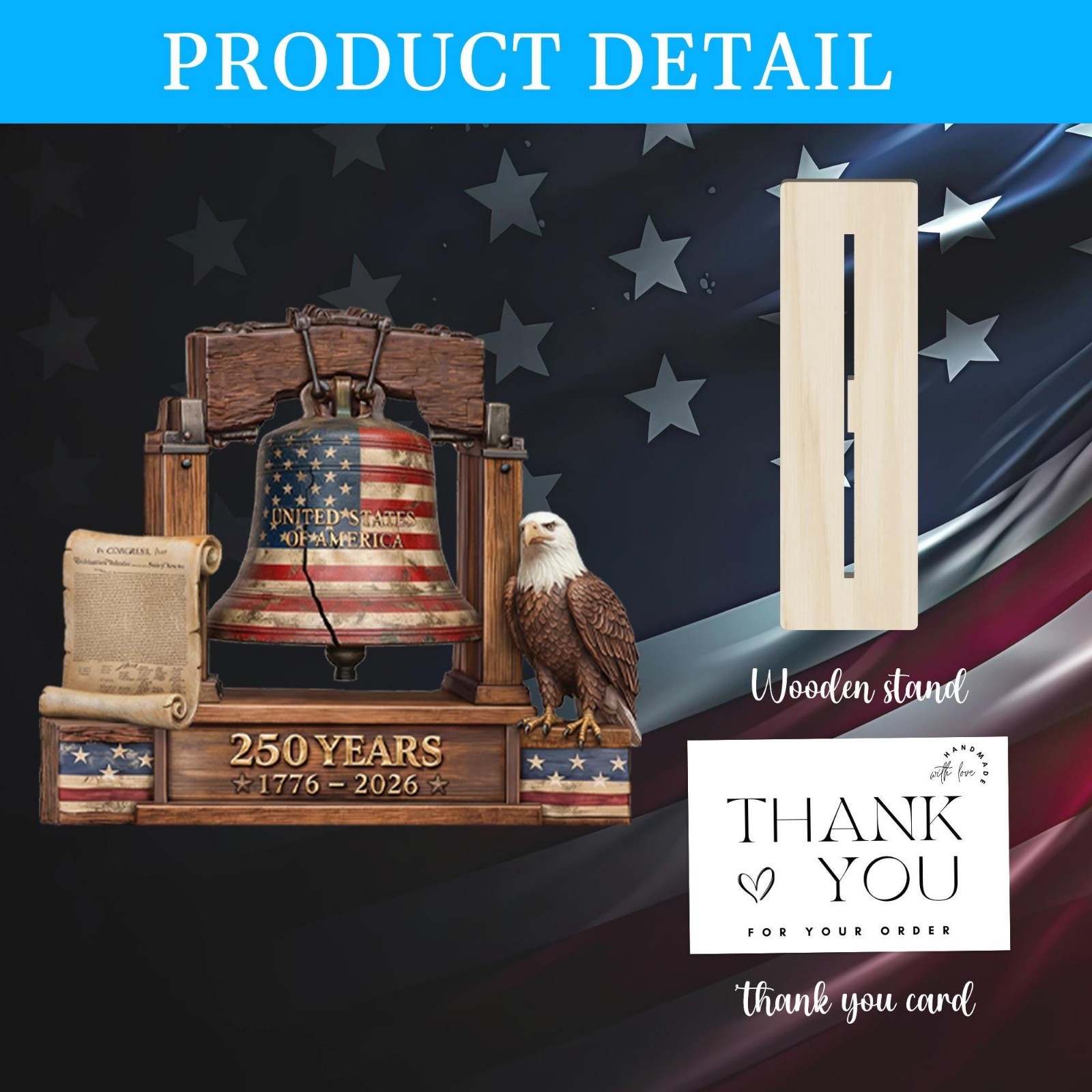 America 250th Anniversary Wooden Display, Patriotic Eagle Liberty Bell Decor