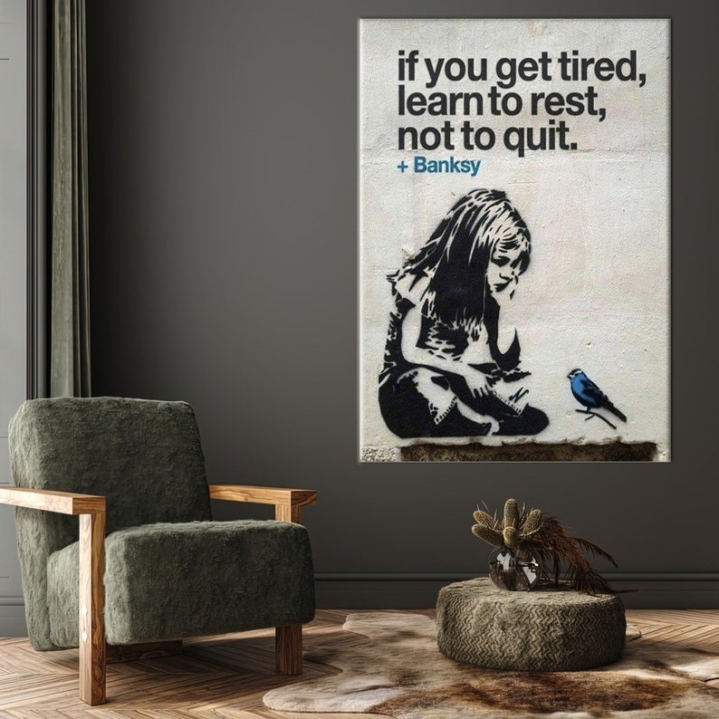 Banksy Inspired Motivational Canvas Wall Art Quote Print Girl Blue Bird Decor