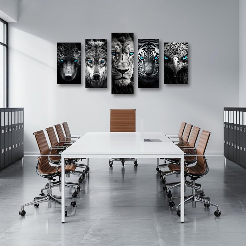 Black and White Animal Canvas Wall Art 5 Pieces Blue Eyes Eagle Bear Tiger Wolf