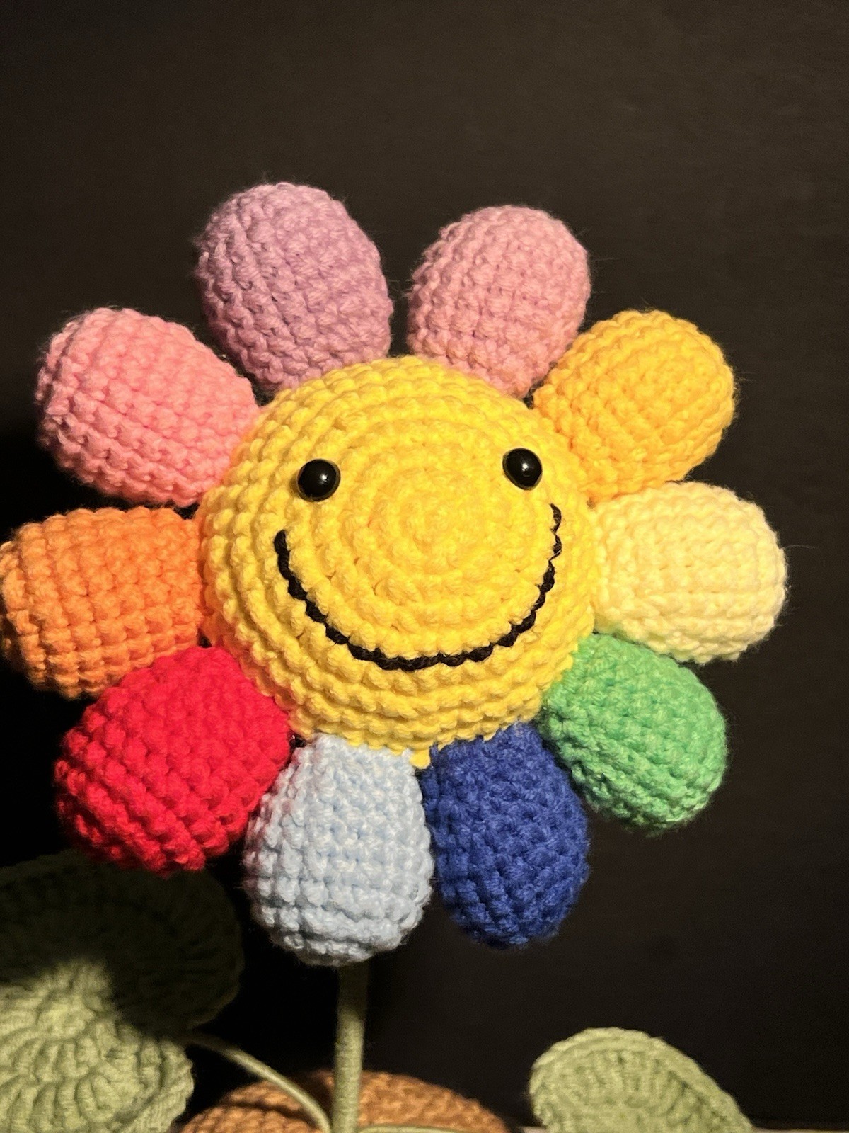 Amigurumi: Handmade Crochet Flower Pot Smiley Face Rainbow Amigurumi Knit 10”