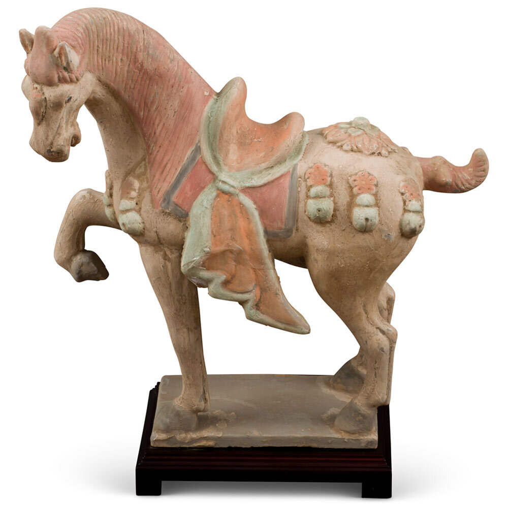 US SELLER – Tang Dynasty Ceramic Horse with Ornate Saddle Tomb Figurine Replica