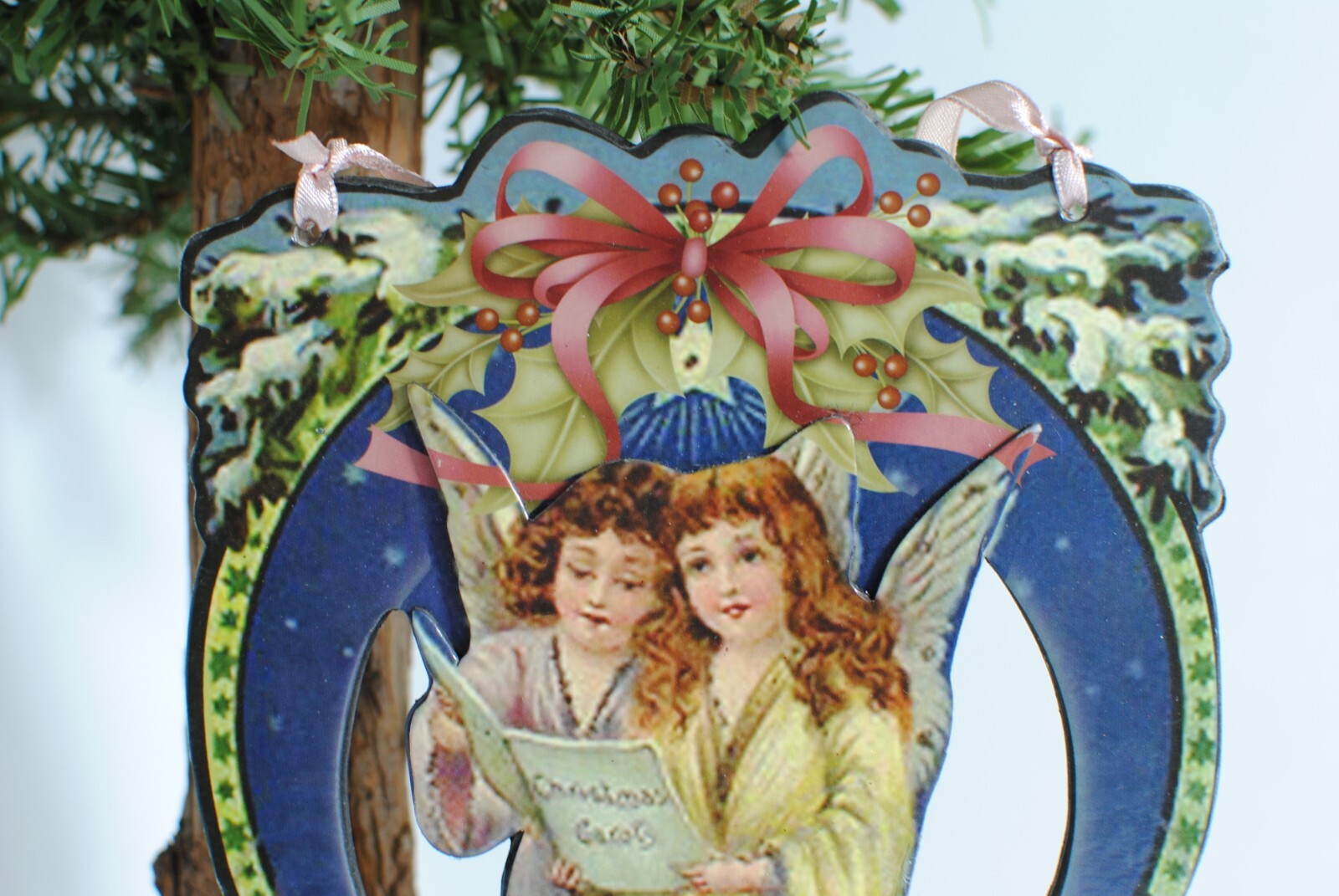 Vintage Santa and Angels Hanging 8in on Ribbon Victorian Christmas Sign Lot of 2