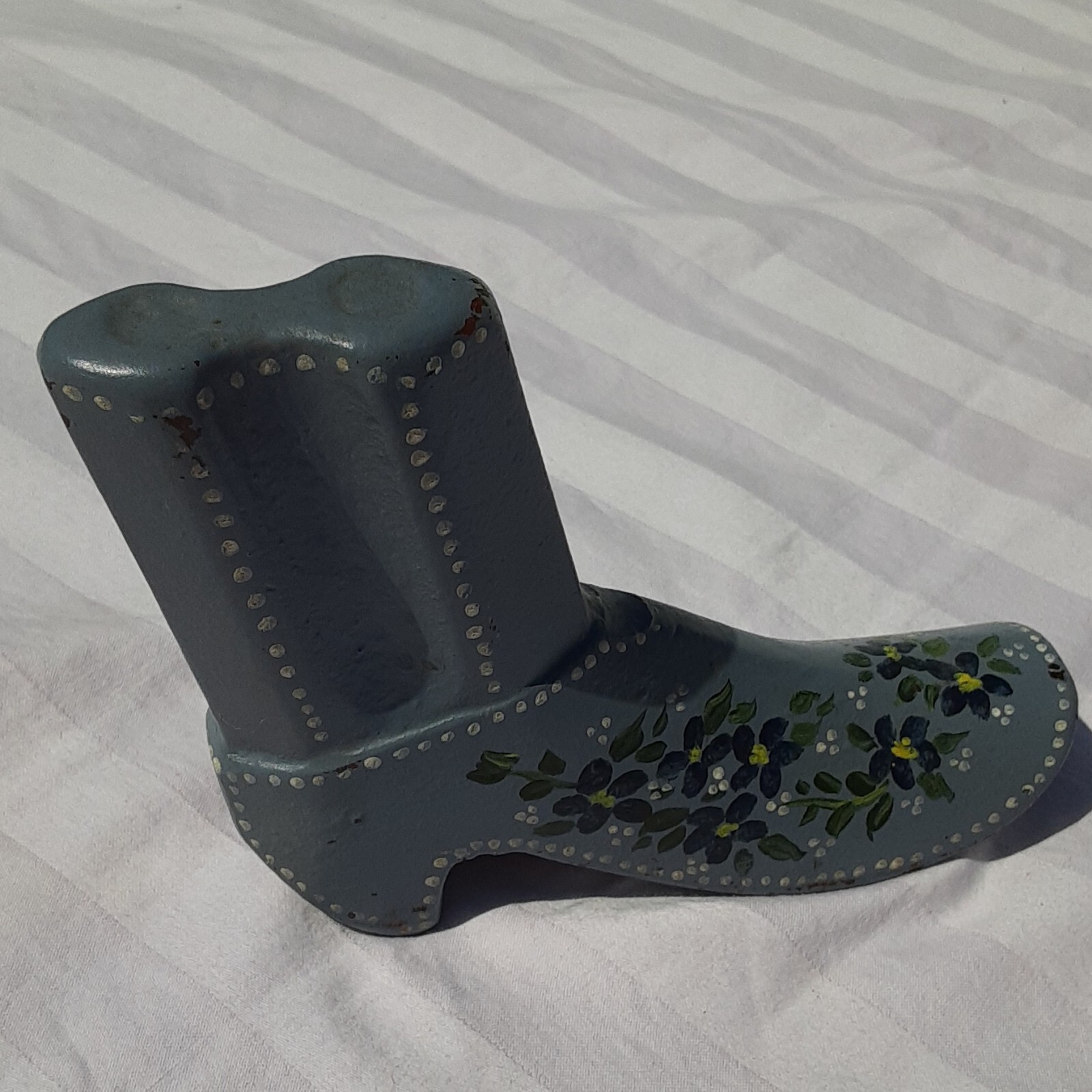 Vintage Doorstop Holder Cast Iron Boot Hand Painted Gray Blue Flowers