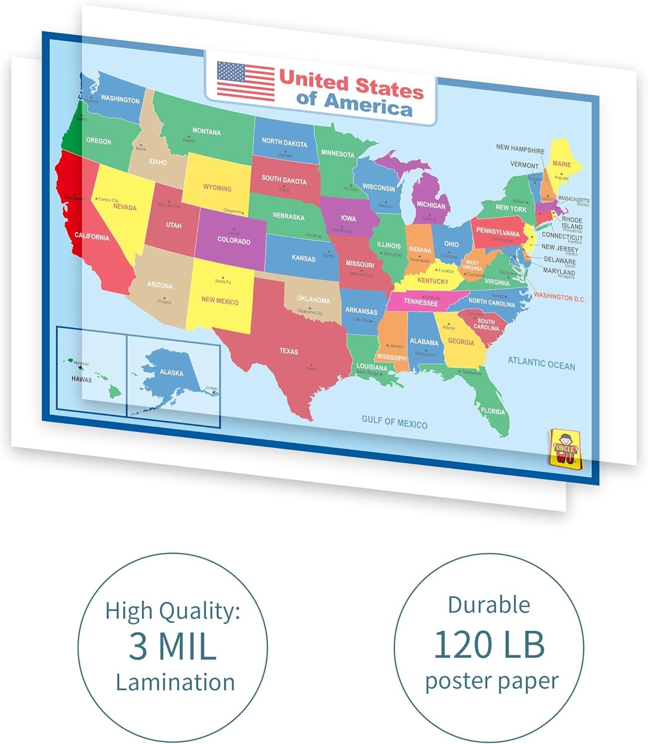 United State Map Laminated Poster -Double Side Educational Poster For Kids/Ad