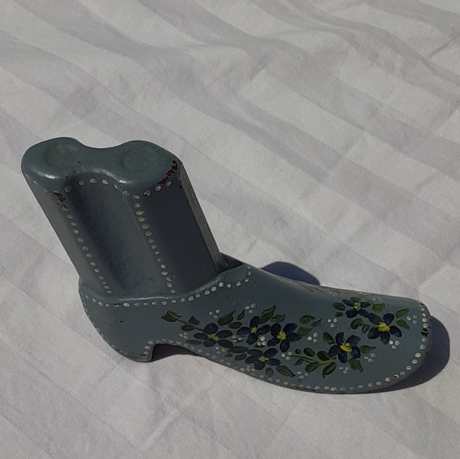 Vintage Doorstop Holder Cast Iron Boot Hand Painted Gray Blue Flowers
