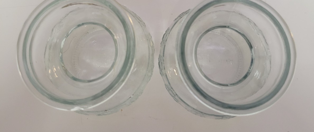 3 CLEAR GLASS ROUND VASES EMBOSSED WITH 4 LEAF CLOVERS 4 INCHES