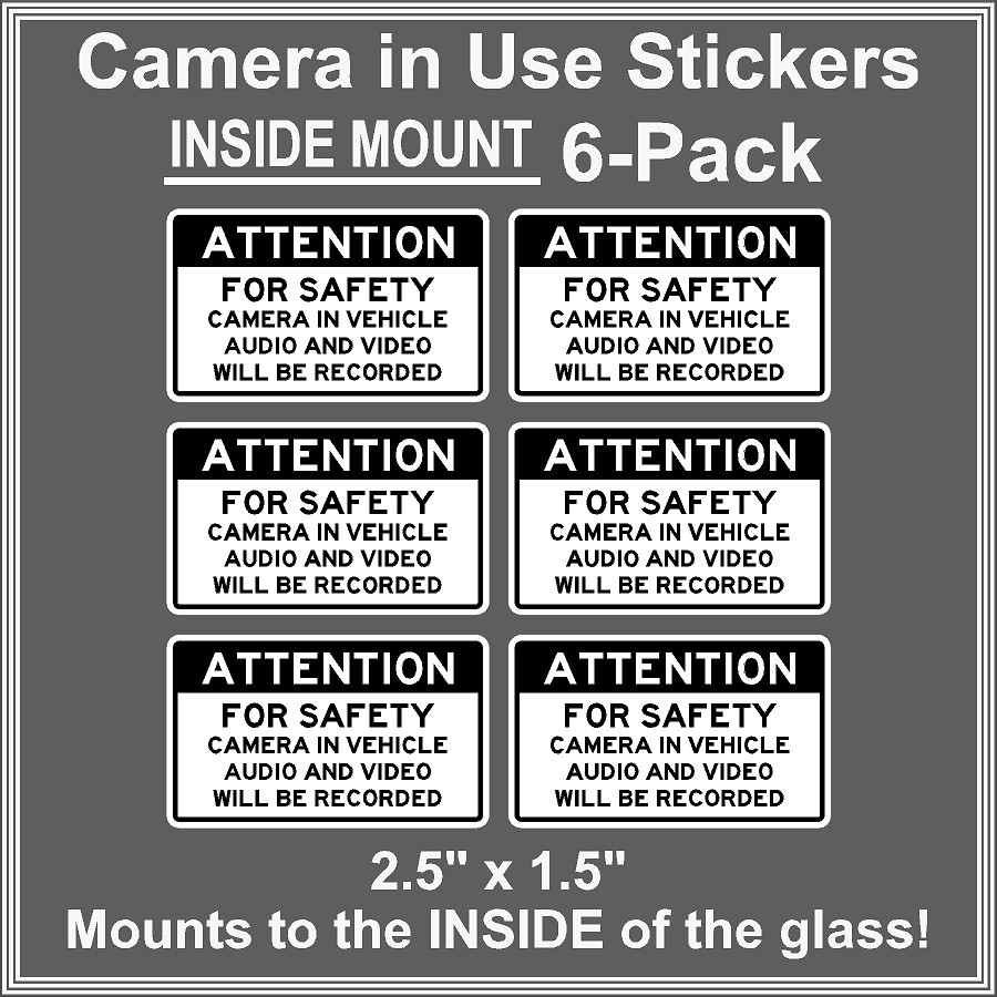 Camera in Car Recording Video 6-Pack INSIDE MOUNT Decals Black White 2.5″ x 1.5″