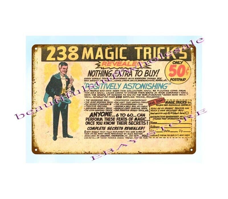 1969 Magic Tricks 238 Revealed Magician metal tin sign man cave garage