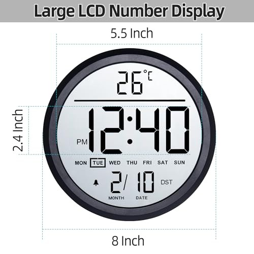 8″ Round LCD Digital Wall Clock Battery Operated with Temperature and Black