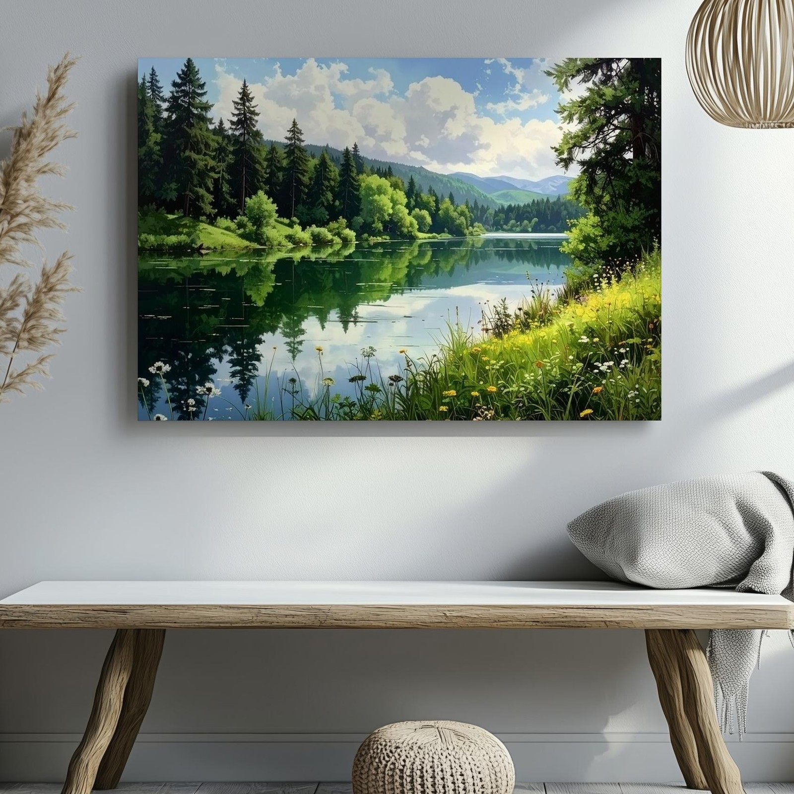 Canvas Wall Art Mountain Verdant Reflection Wildflowers Bordered When Path