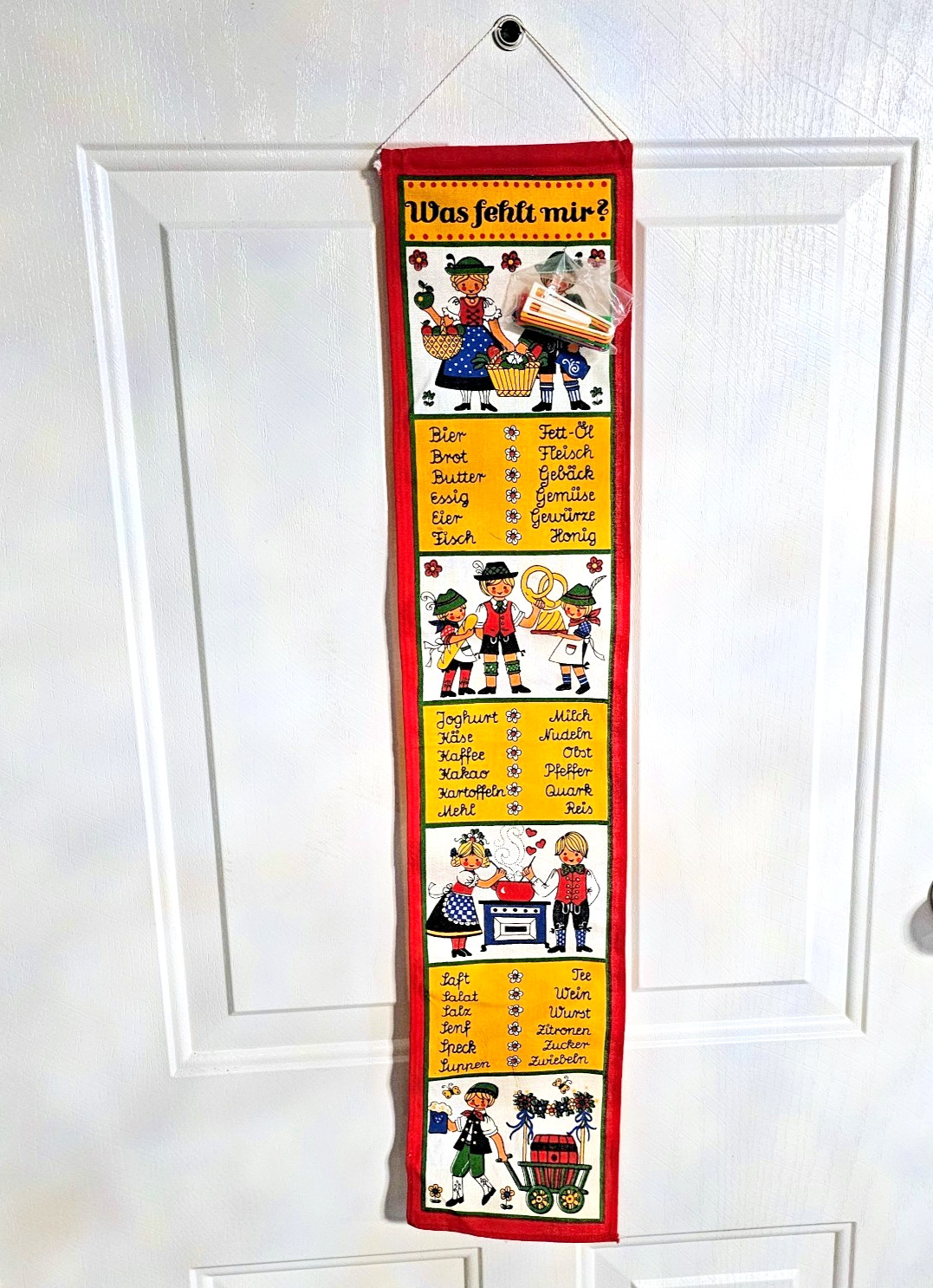 Vintage German Fabric Wall Hanging Was Fehlt Mir Kitsch Retro Folk Art Banner