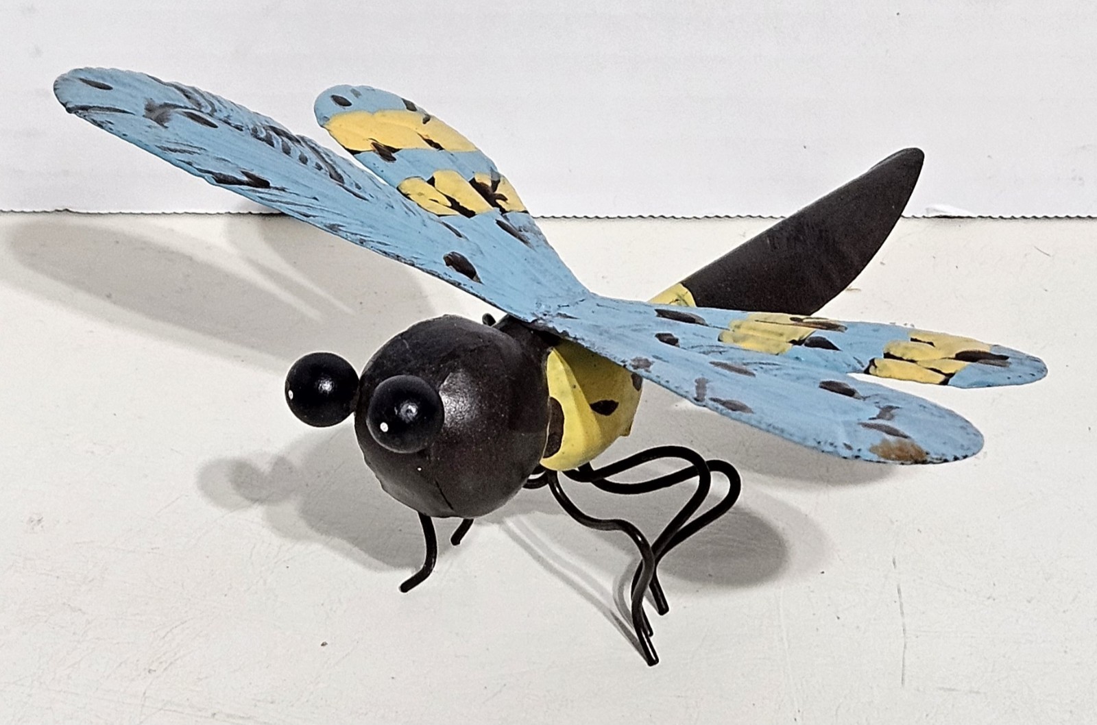 Metal Dragonfly Sculpture Hand-Painted Blue Yellow Brown Decor Wings – 6 Inches