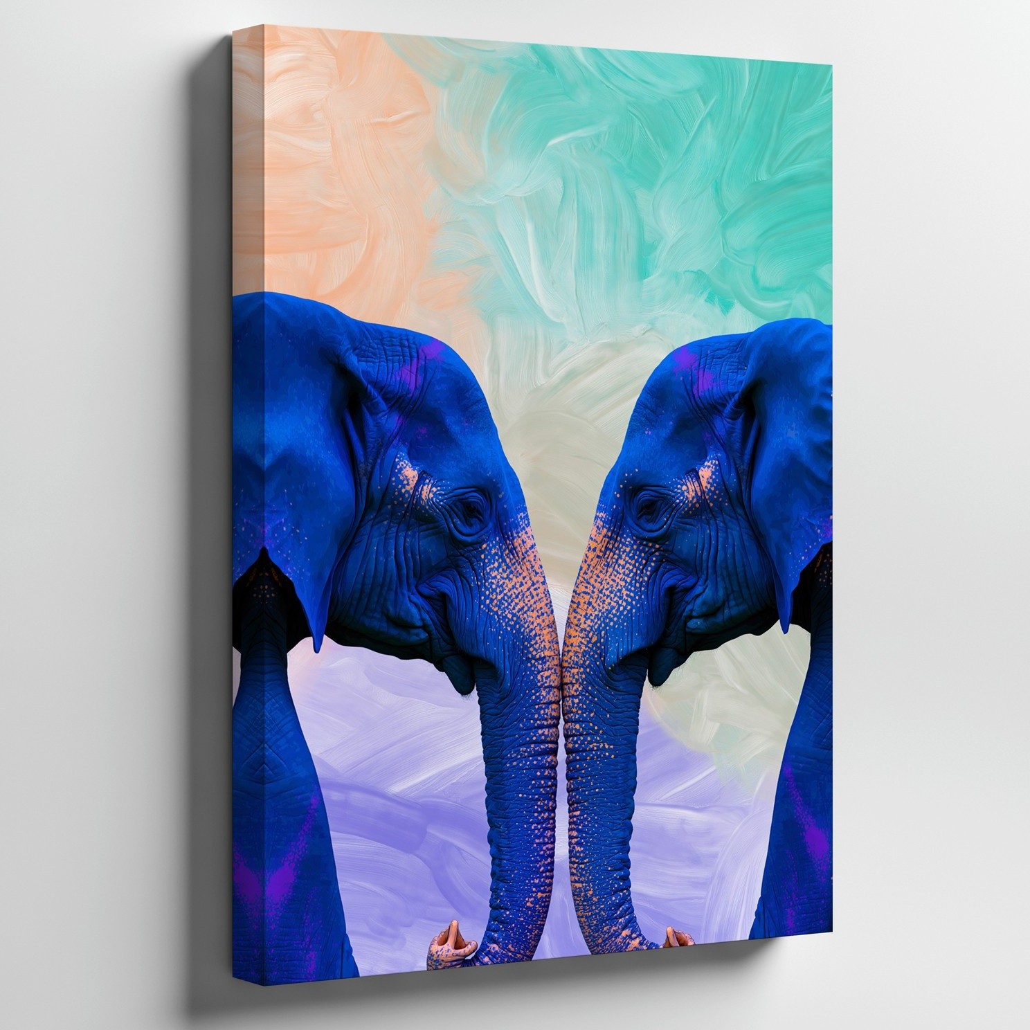 Wall Art Two Majestic Elephants Face Each Other, Their Trunks Entwined In A