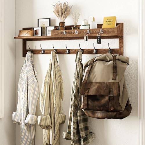 Coat Rack Wall Mount, 35 inch Large Wall Hooks with Shelf, 35″ L Brown