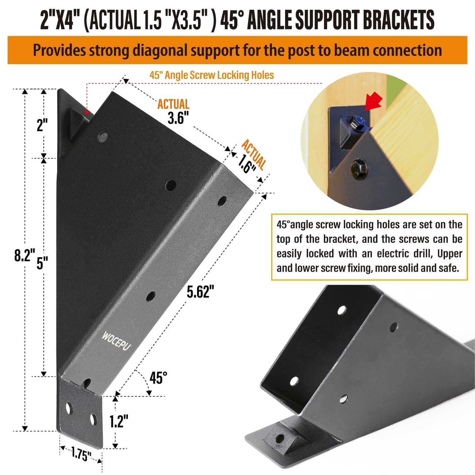 2pack 2×4 (Actual 1.5”x3.5”) Degree Angle Support Brackets, For Pergola, Ga…