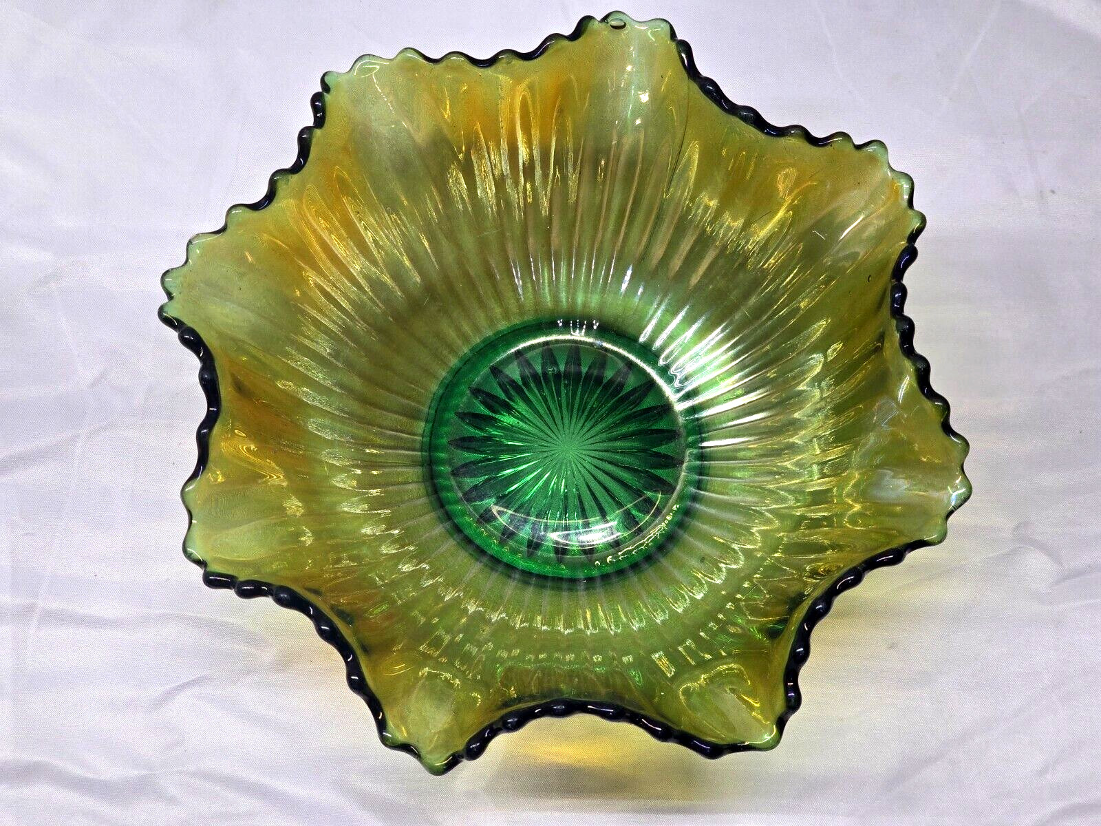 Fenton Smooth Rays Emerald Carnival Glass Ruffled Bowl 7″
