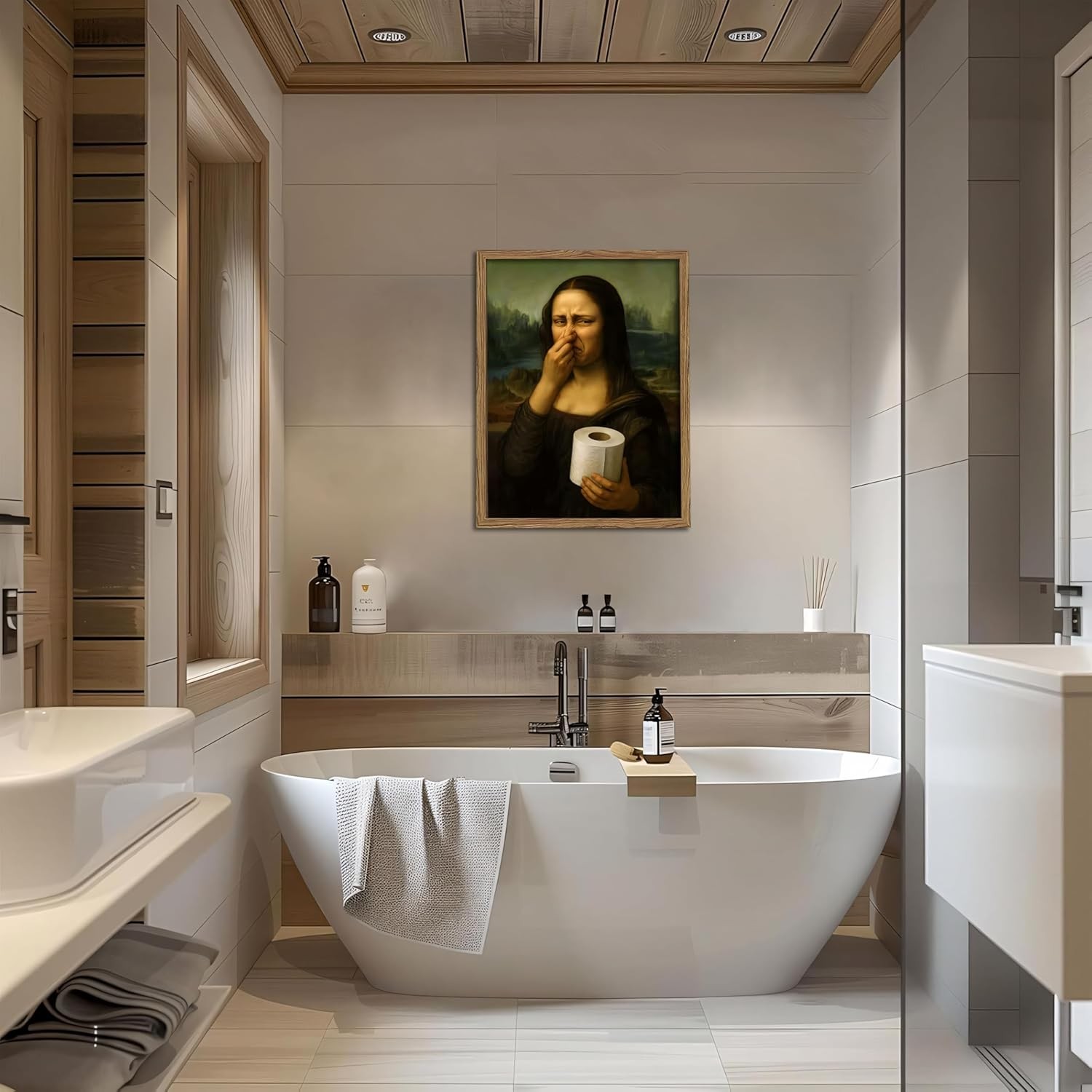 Funny Mona Lisa Pinch My Nose Museum Print Wall Art Canvas Bathroom Decor Framed