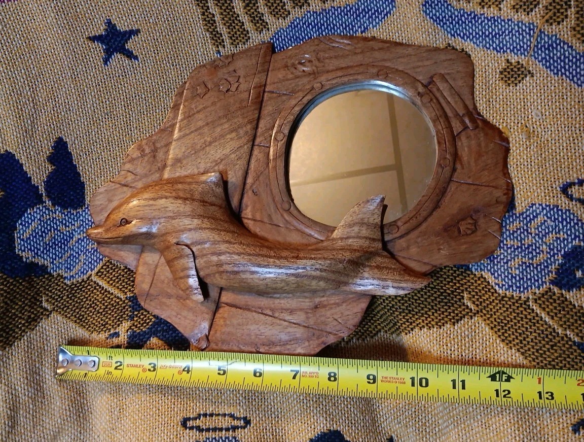 Vintage Folk Art Wood Dolphin Mirror Fun Ocean Salt Life Decor Sculpture Carving