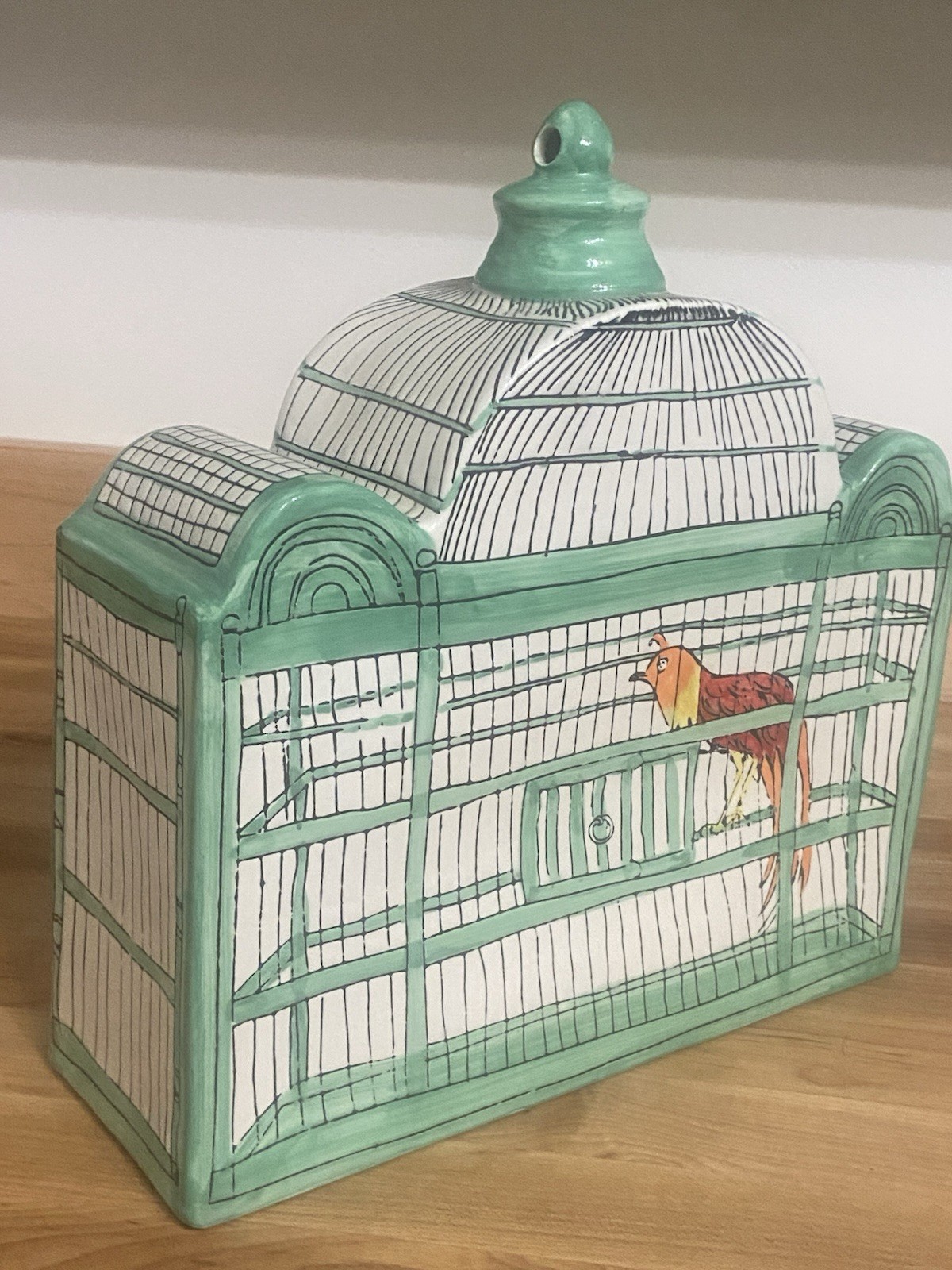 Molly Hatch Trompe-l’Oeil Birdhouse Bird Cage Ceramic Signed Anthropologie Decor