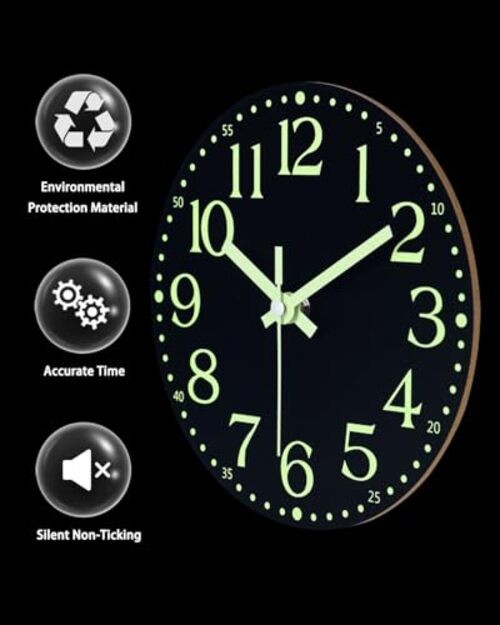 Wooden Glow in The Dark Clock, 8 inch Silent Non-Ticking Battery 8 INCH Black