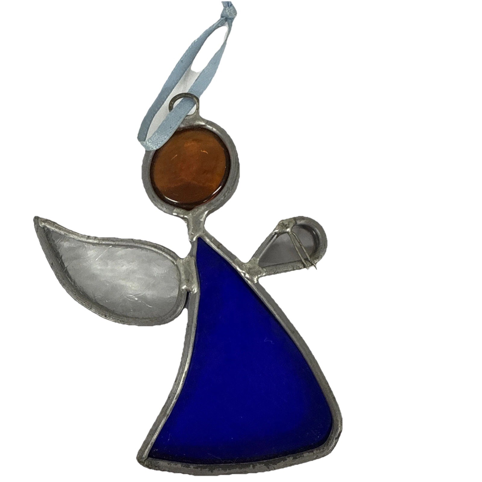 Vintage Stained Glass Suncatcher Angel Blue 3.5×2.5in