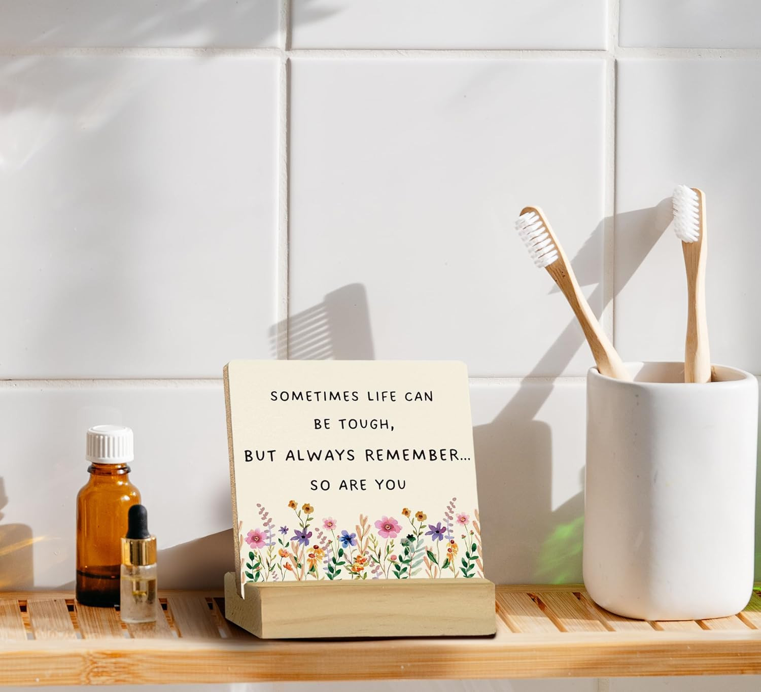 QASHWEY Motivational Desk Decor, Inspirational Decor Floral Wood color-1