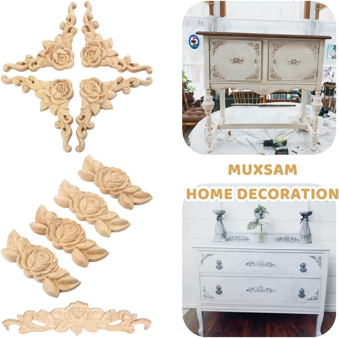 4Pcs Wood Appliques & Onlays for Furniture, 3.15″ x 3.15″8x8cm, Handmade Carv…