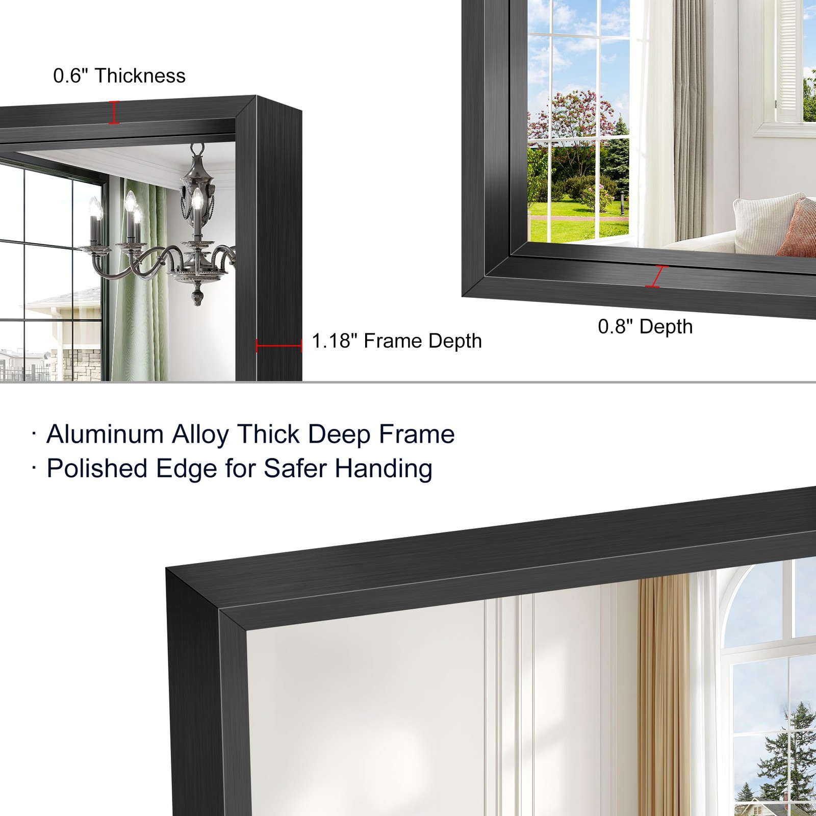24×24 Square Black Mirror, Bathroom Mirrors for Over Sink 0.6″ Thickened Deep…
