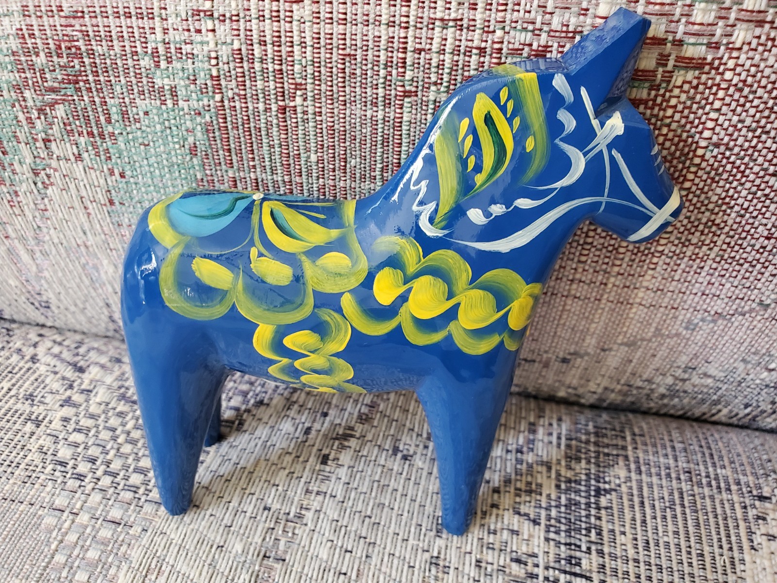 Swedish dala horse 6 inches vintage wooden blue yellow and white Sweden