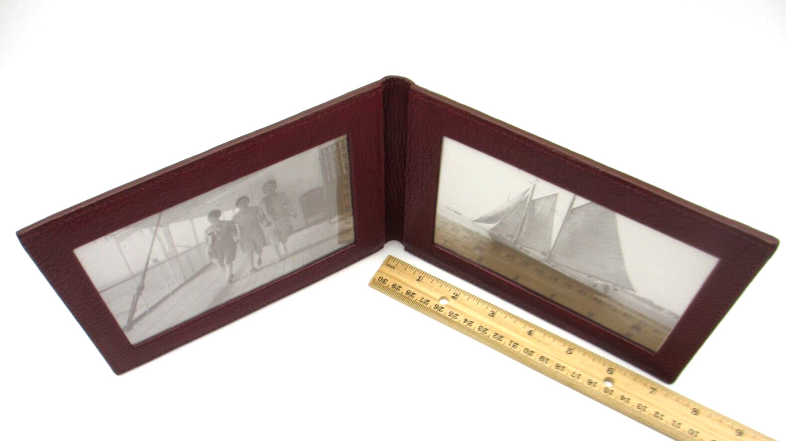 Photo Frame Leather Bifold holds TWO 4×6″ Photos Horizontal $125 Dark Red
