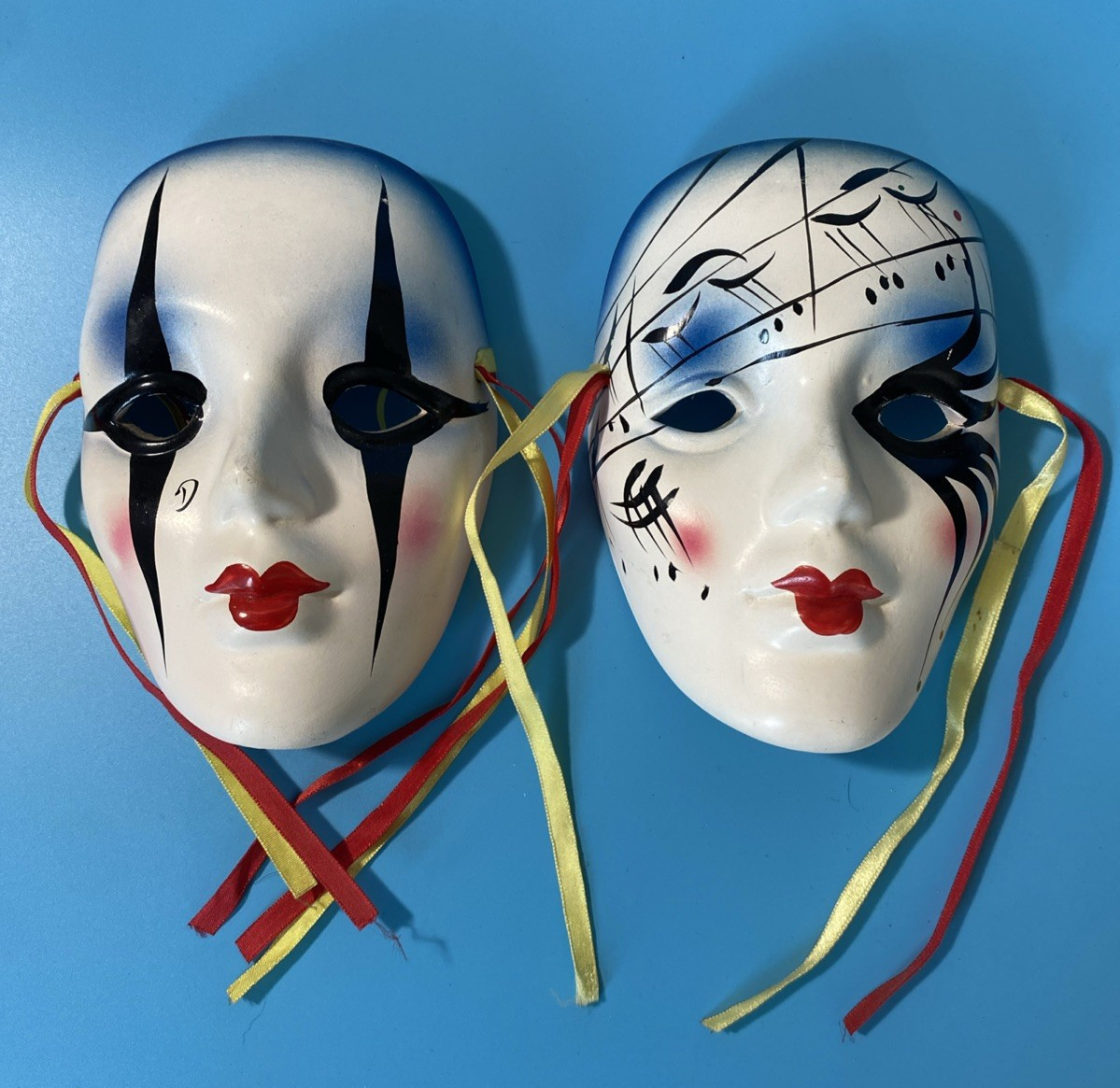 Ceramic Face Mardi Gras Masks Small Two 2 Harlequin Masks Red White Black Blue