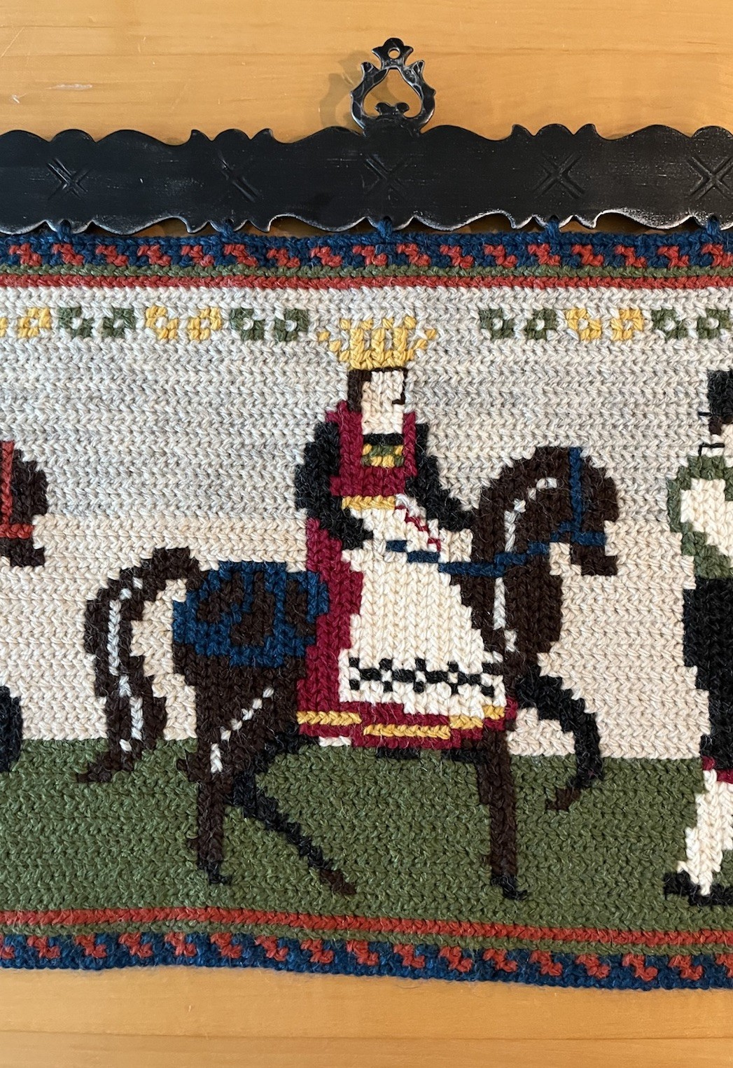 Norwegian Hand Embroidered Tvistsom Folk Art Tapestry 36in With Iron Hanger