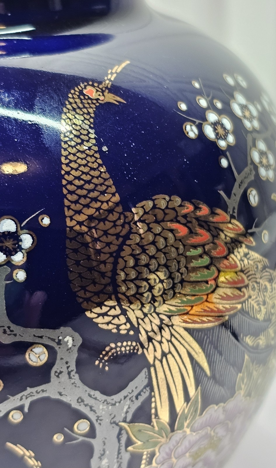 Vintage Japanese Cobalt Blue Vase With Peacock & Floral Design 6 Inches High