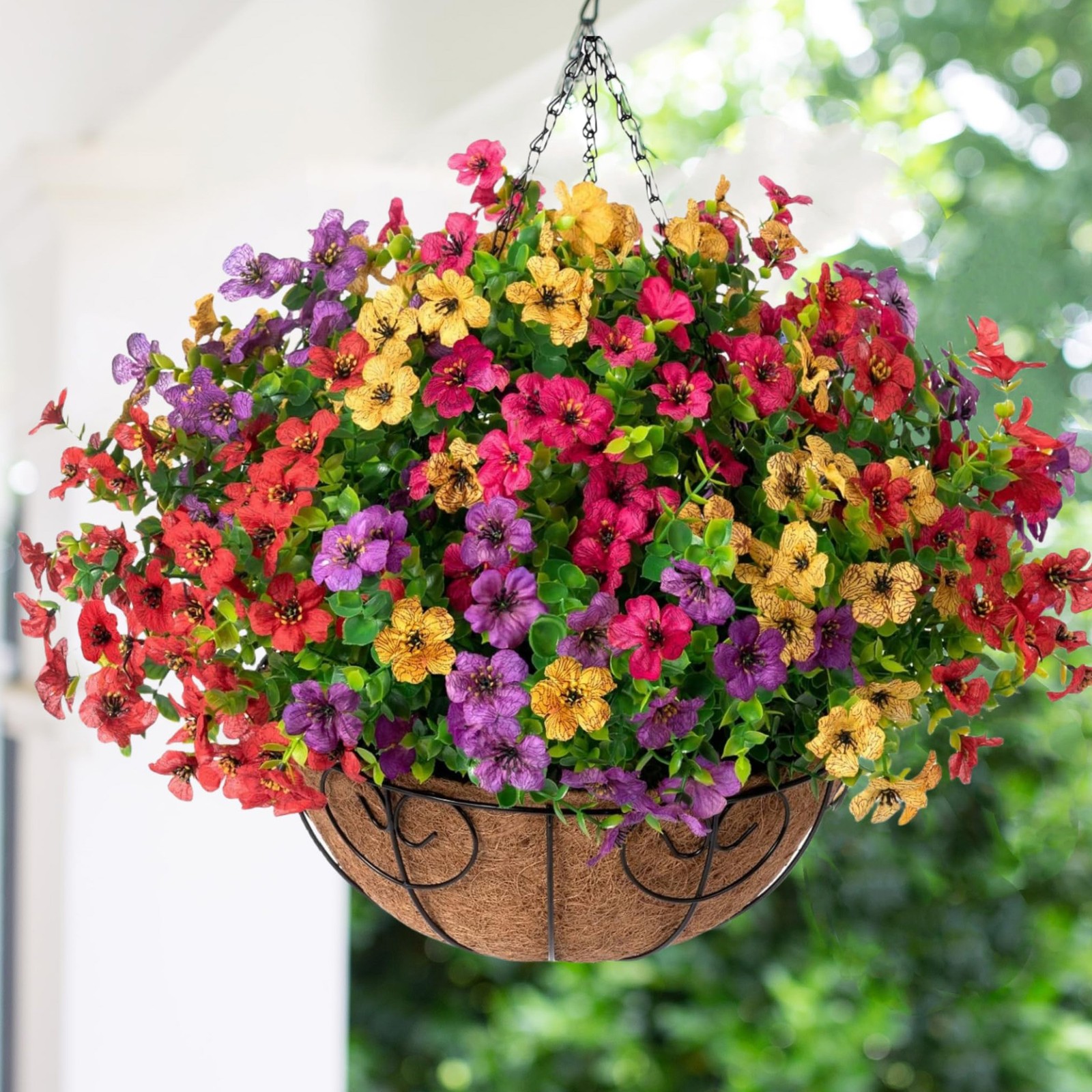 Artificial Hanging Basket, UV Resistant Daisy Eucalyptus for Porch Yard Decor