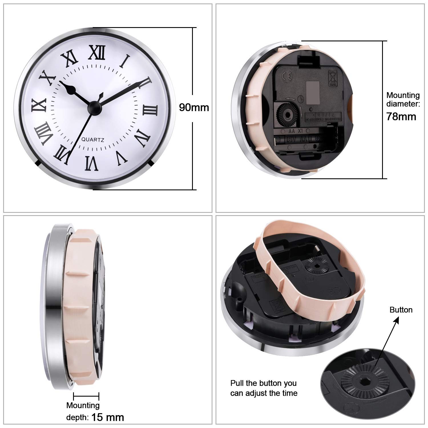 3-1/2 Inch (90 Mm) Quartz Clock Fit-Up/Insert with Roman Numeral, Quartz Movemen