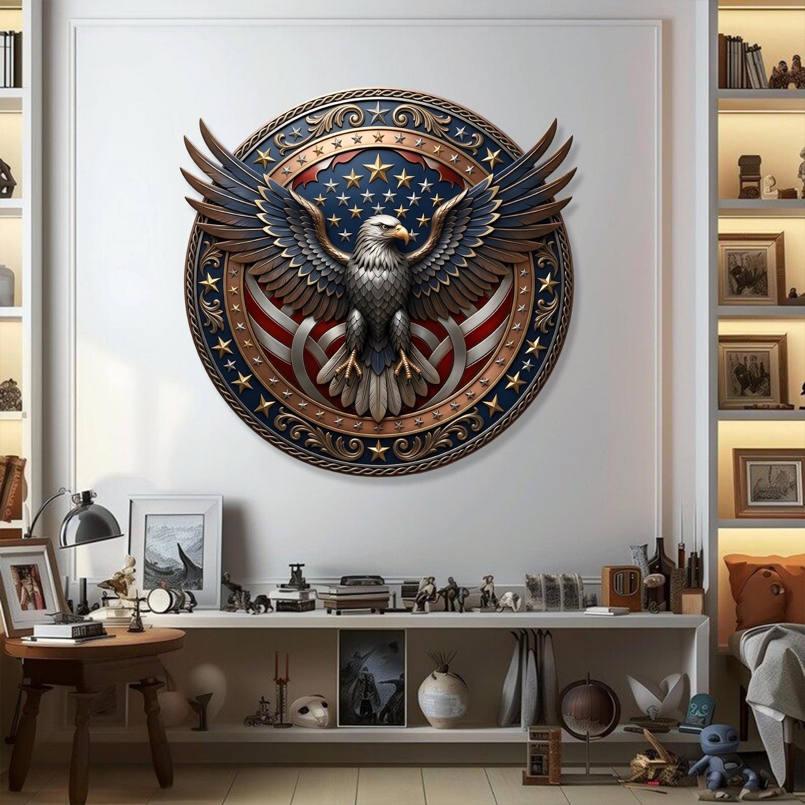 Patriotic Eagle Wreath Metal Sign, USA Flag Door Decor, Veteran Gift