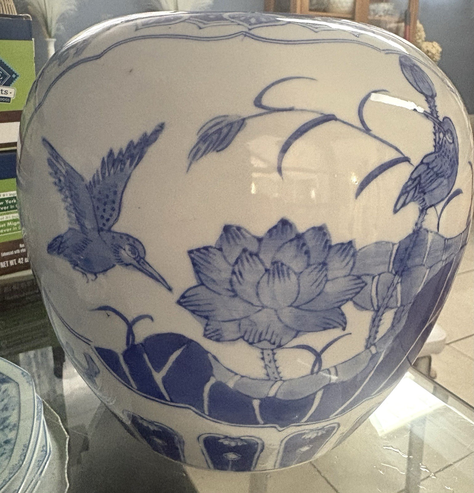 Vintage Blue & White Porcelain Chinoiserie Ovoid Ginger Jar Vase Lotus Bird
