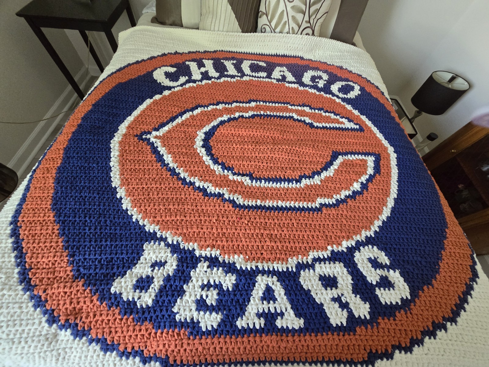 Chicago Bears Handmade Crochet Throw Blue Orange White 5′ 5″