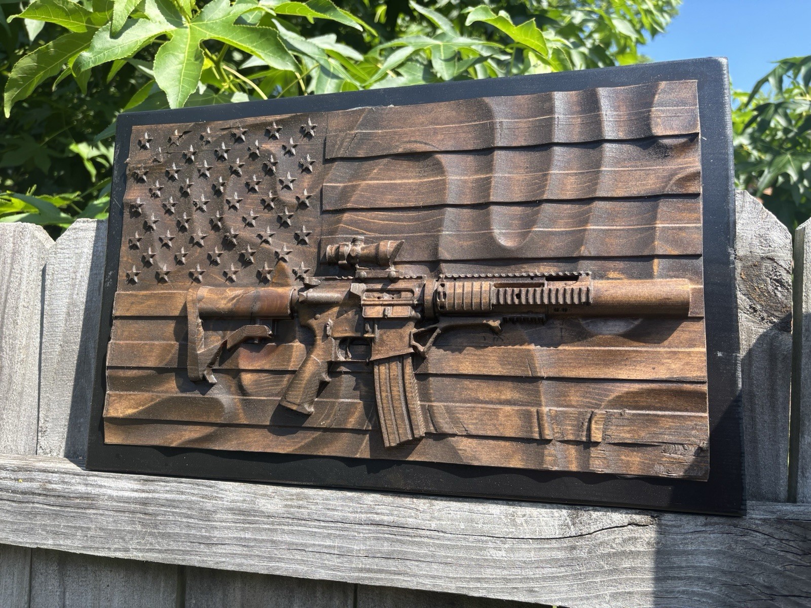 Custom made 3d carved American flag/ rifle. Made from pine.