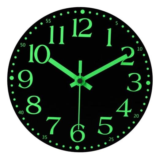 Wooden Glow in The Dark Clock, 8 inch Silent Non-Ticking Battery 8 INCH Black