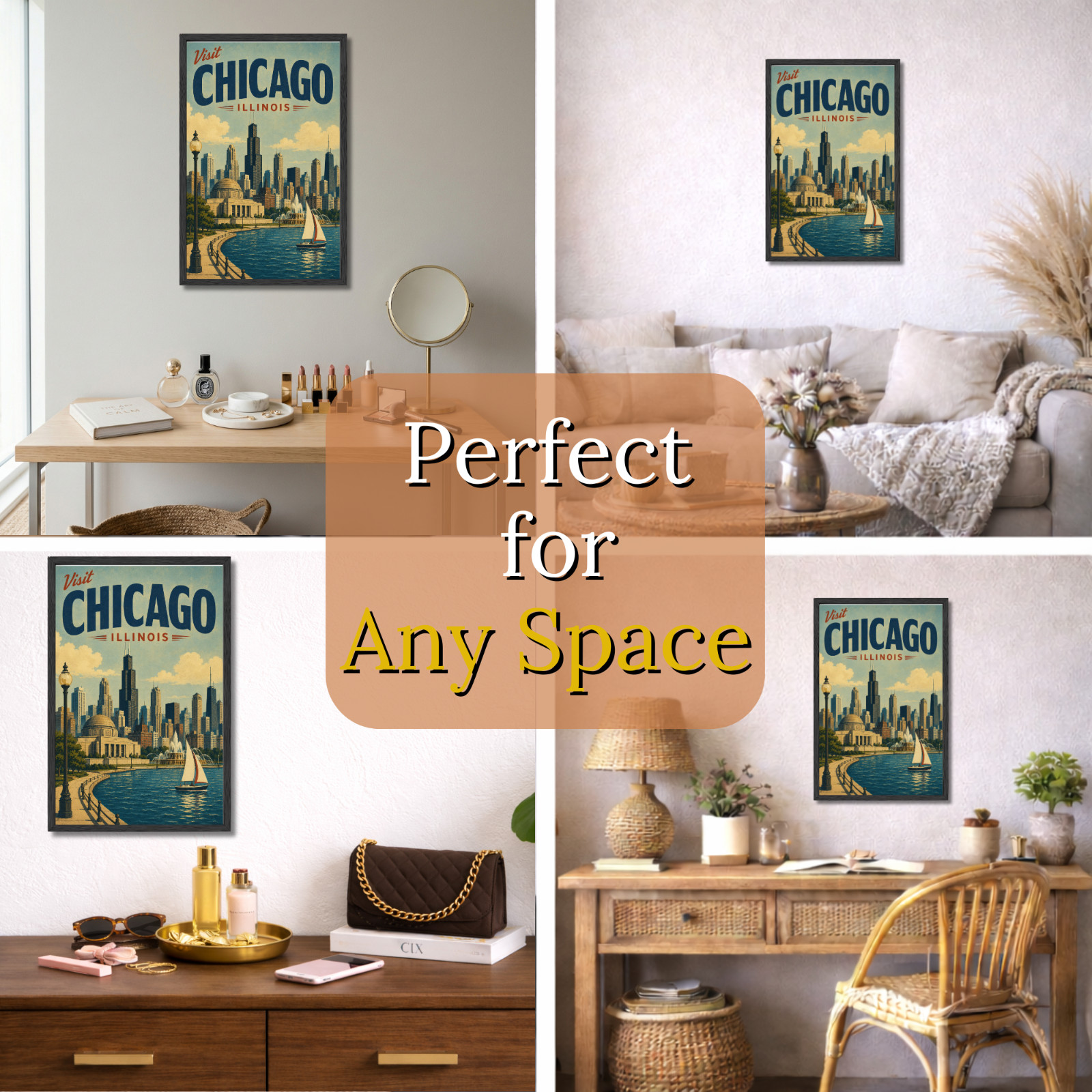 Framed 11×17 Vintage Chicago Travel Poster Illinois Skyline Wall Art Retro Style